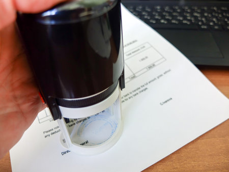 Close-up of a man putting a stamp on a document. Business concept