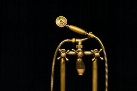 Vintage old brass water tap with shower head isolated on black background