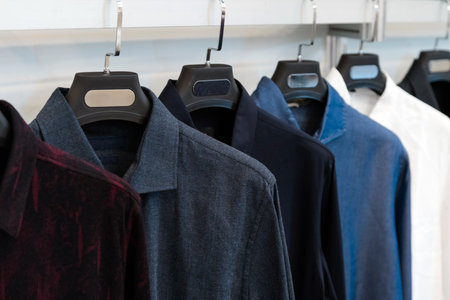 Designer shirts on display in a retail store. Different colour and texture shirts hanging on a...