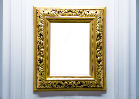 Blank empty frames hanging on museum wall. Art gallery, museum exhibition white clipping path