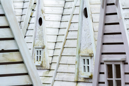 Close up of grey wooden homes facades. Detail of wood structures architectureの写真素材
