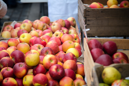 Red juicy apples in baskets for sale at the market outdoorsの写真素材