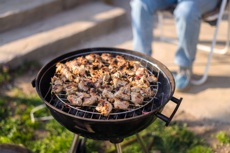 Grilling barbeque meet on the grill outdoors in the back yard. Summer time picnic. Roasting meat on...