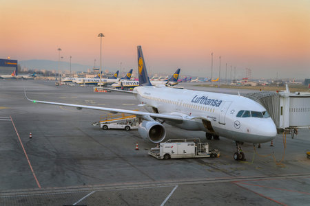 SOFIA, BULGARIA - March, 2019: Lufthansa and Ryanair commercial airplanes at sunrise at the airport...