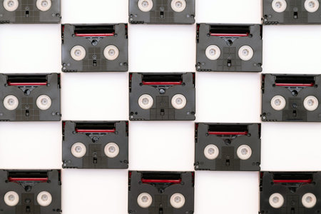 Vintage mini DV cassette tapes used for filming back in a day. Pattern made of plastic video tapes...