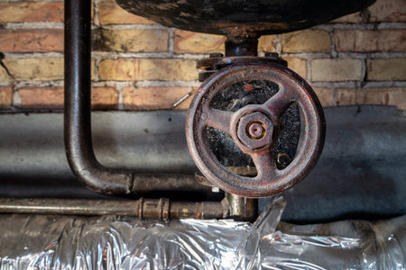 Rusty valves on boiler room pipes. Old metal boiler generating heating and delivering it to home...