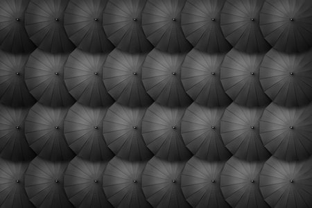 Black umbrella pattern arrangement. Top view creative umbrella background. Nobody. Classic brolly wallpaperの写真素材