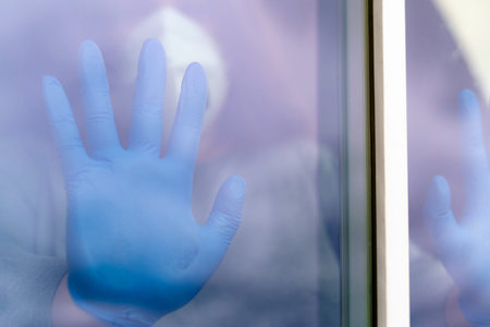 Women hand with medical gloves next to the window indoor. Home isolation. Corona virus. Stay at home.の写真素材