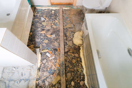 Bathroom view before laying new tiles. Concept of bath room renovation, home improvement. Nobodyの写真素材