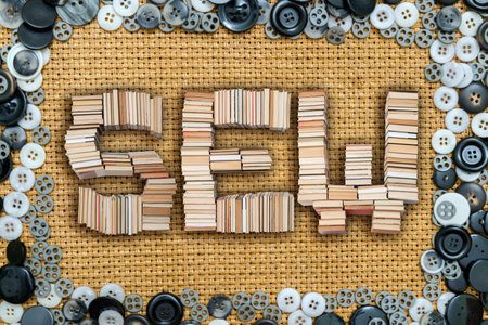 Sew letters and buttons in the background. Sewing and hand craft concept