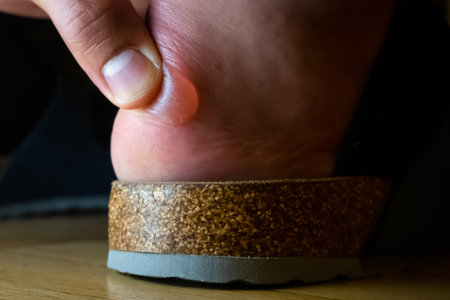 Terrible bladder on the heel. Hand touching painful blister skin on the feet. Painful wound with pus...