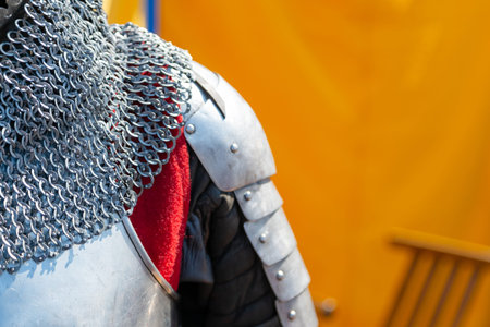 Close up of middle ages armor of the knight. Historic armoring used in combat battles.の写真素材
