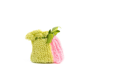 Handmade knitted shoes for small children. Adorable newborn baby shoes isolated on white background.の写真素材