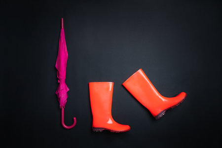 Rubber shoes and umbrella isolated on black background. Rain season and weather forecast. Nobodyの写真素材