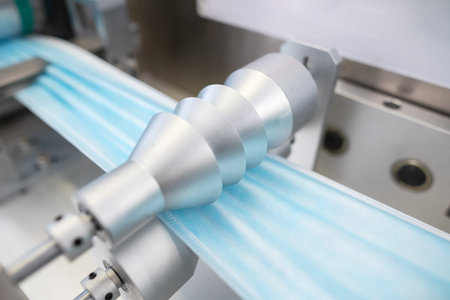 Closeup process of medical face masks being made in a factory. Automated machinery making...