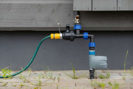 Watering system pipes for the garden outside. Sprinkling circulation water pipes.の写真素材