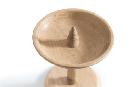 Christmas tree themed wooden tray stand for pastry isolated on white backgroundの写真素材