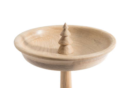 Christmas tree themed wooden tray stand for pastry isolated on white backgroundの写真素材