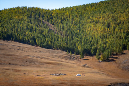 Terelj national park landscape, mountain ridge in Mongolia. Overview of the valley with the sunny sky in the background.の写真素材