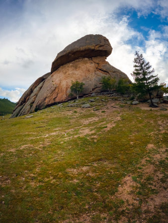 Turtle rock tourist attraction in Terelj national park, Mongolia. Popular mountain destination for travelers.の写真素材