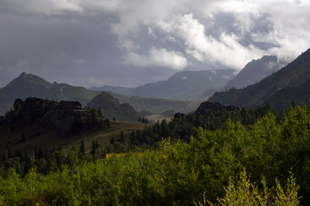 Terelj national park landscape, mountain ridge in Mongolia. Overview of the valley with the dramatic sky in the background.の写真素材