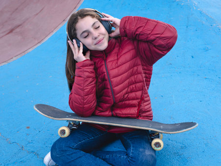 Portrait of a young girl with skateboard listening to music.の写真素材