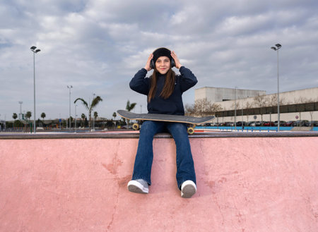 Young woman with a skateboard sitting on a wall in a skate park