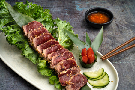 Beef sashimi japanese food style on wooden background