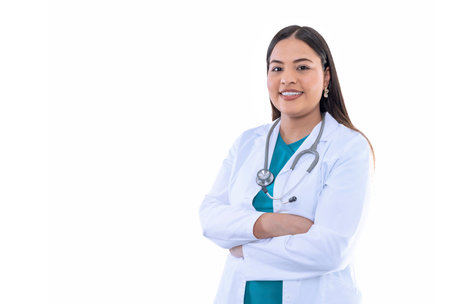 female doctor aesthetic clinic pointing with his finger on white backgroundの写真素材