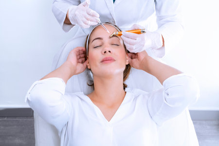 Crop beautician doing injection to face of client in aesthetic clinicの写真素材