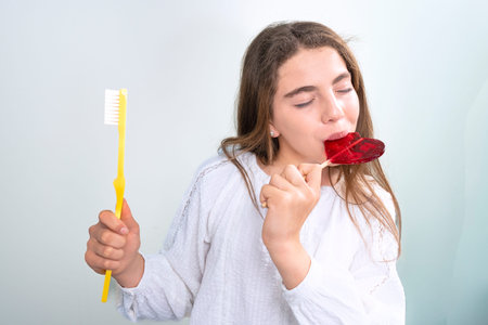Calm girl eating heart shaped candy in dentist clinic with toothbrush