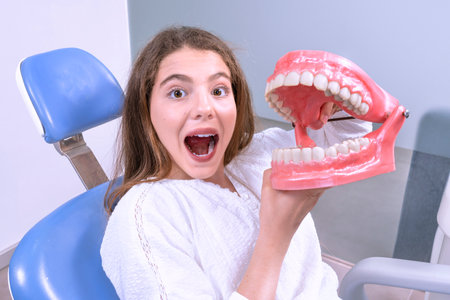 Calm girl with opened mouth during teeth treatment in dentist clinicの写真素材