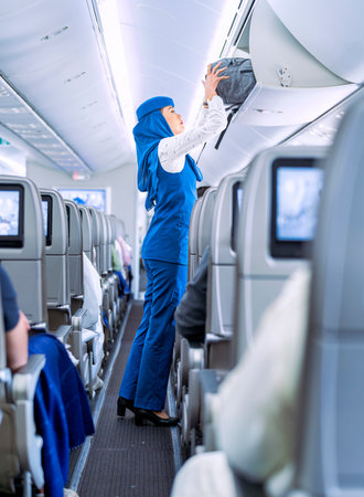 Appril 07 2023. Female flight attendat of Saudia Airlines working in the flightのeditorial素材