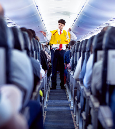 Appril 08 2023.Male flight attendant iberia Madrid-Jerezのeditorial素材