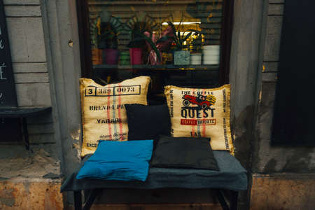 Hungary, Budapest, 6 march 2020 hipster cafe with beautiful chair outdoorのeditorial素材