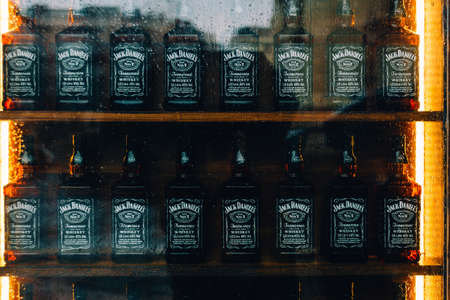 Hungary, Budapest, 6 march 2020 stand with many Jack Daniels bottlesのeditorial素材