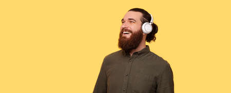 A man listening to the music and enjoying itの写真素材