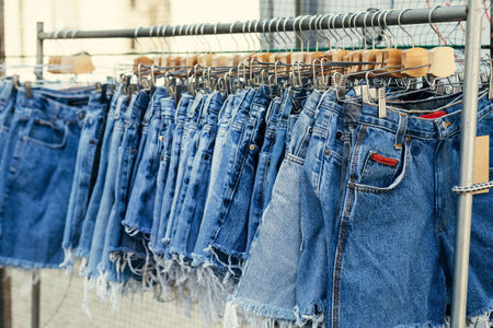 A photo of some blue shorts hung up at the storeの写真素材