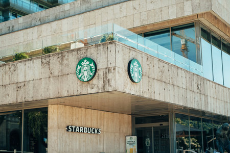 Hungary, Budapest. 15 JUNE 2022. Photo of a Starbucks entrance with logo and name on a building from Budapest.のeditorial素材