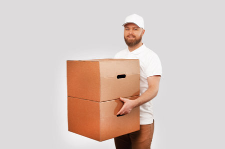 Image of young delivery man in white uniform holding two big boxes and looking at camera over grey backgroundの写真素材