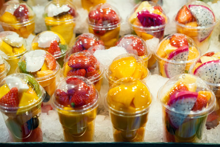 Photo of glass full with sliced exotic fruitsの写真素材