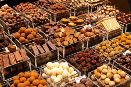 Outdoor shot of a table full of delicious sweets at the market in Barcelona.