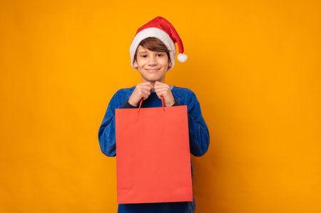 Happy young boy wearing santa claus hat and holding big red paper shopping bagの写真素材