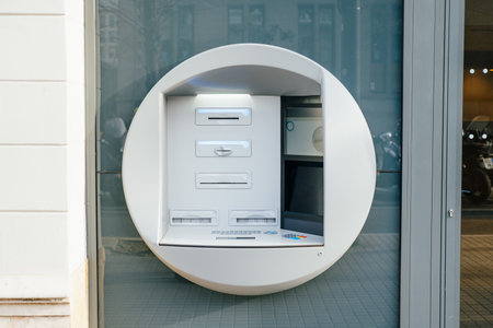 Outdoor shot of a new kind of banking ATM somewhere in Europe Barcelona.の写真素材