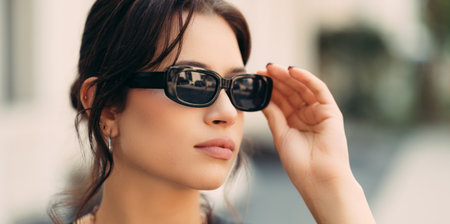 Close up crop portrait of a young woman putting on her black sunglasses.の写真素材