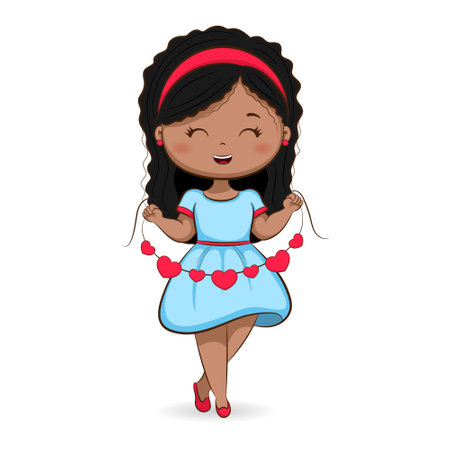 Cute Smiling girl holding heart garlandのイラスト素材