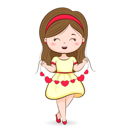 Cute Smiling girl holding heart garlandのイラスト素材
