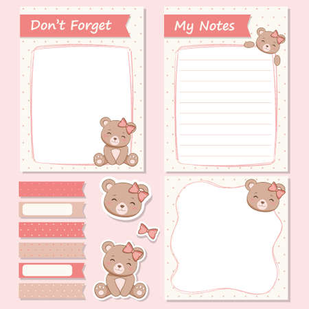 Set of Cute female bear notes and stickersのイラスト素材