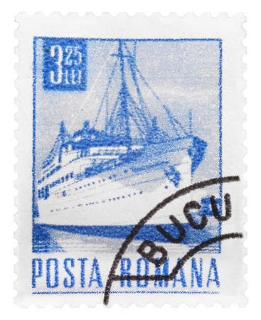 january 10 2012 Romanian stamp from 1991.The stamp is showing a ship at sea.のeditorial素材