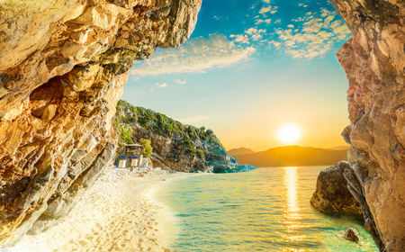 Beautiful view over the sea beach in Corfu island, Pelion, Mylopotamos, Greeceの写真素材